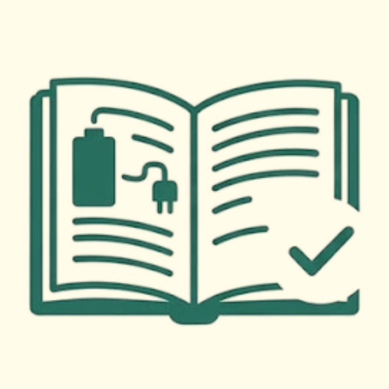 Icono de un libro abierto con un enchufe eléctrico y una marca de verificación relacionado con educación energética y consumo responsable.