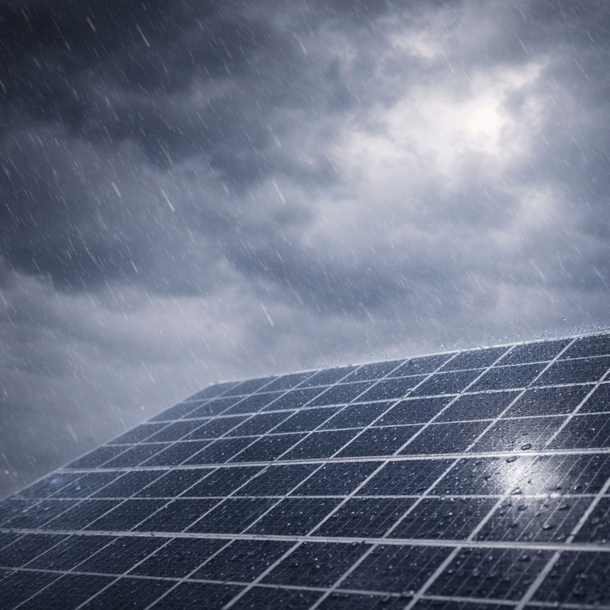 Energía solar en condiciones climáticas adversas Panel solar bajo la lluvia con cielo nublado